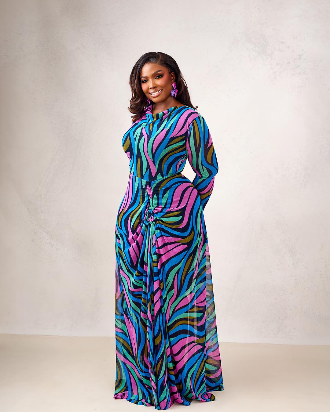 Emily Colette 2.0 – Long-Sleeve Maxi Dress in a Vivid Abstract Swirl Print