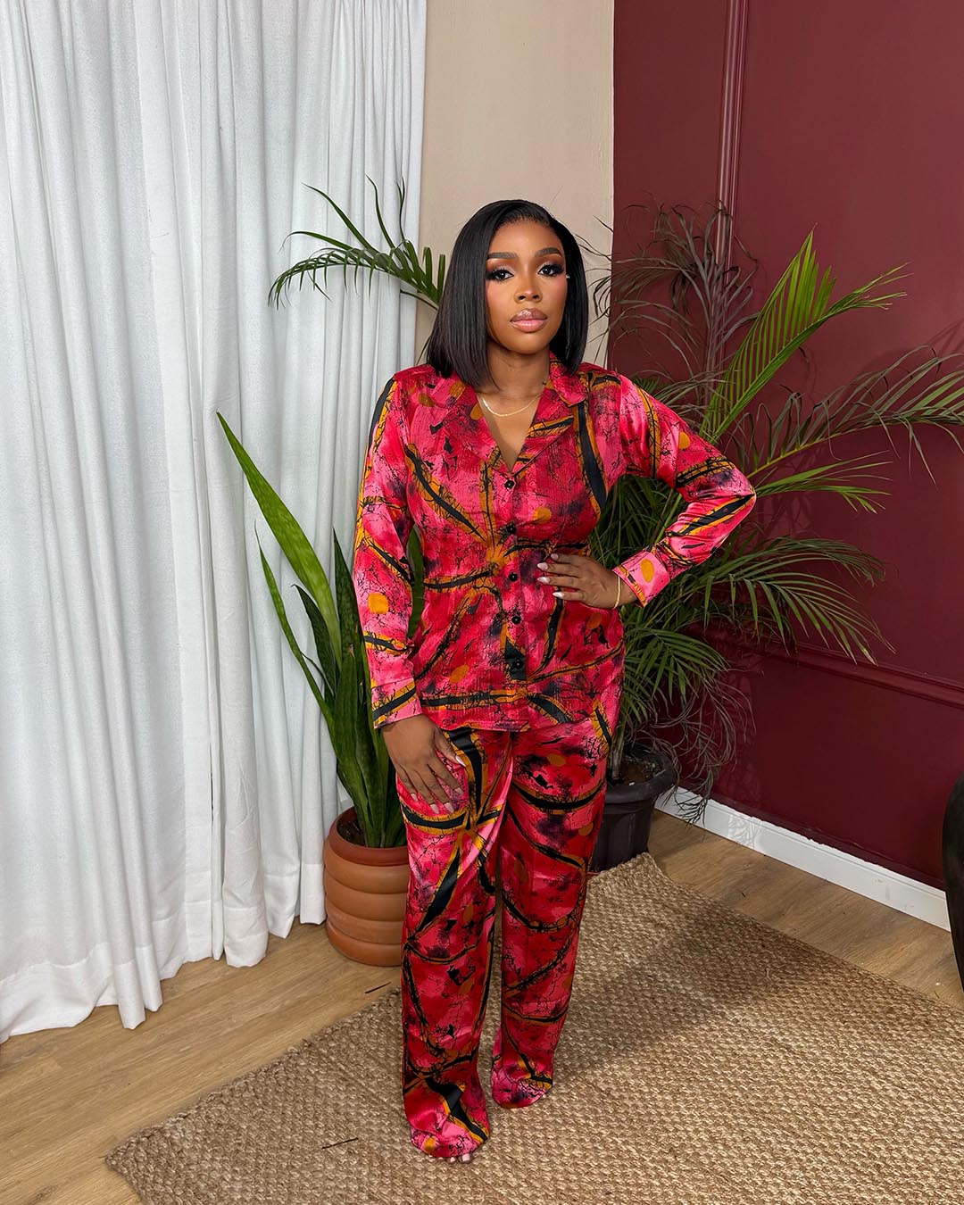 Silk Set Luxe Red – A Button-Down Shirt and Wide-Leg Pant Set in an Abstract Mixed Print